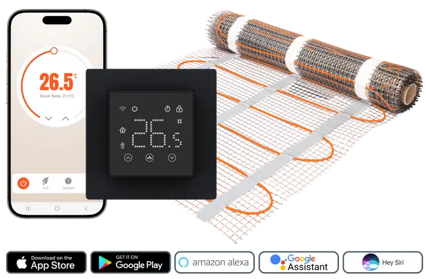 elektrische vloerverwarming in de badkamer met de complete set van LVS Verwarming